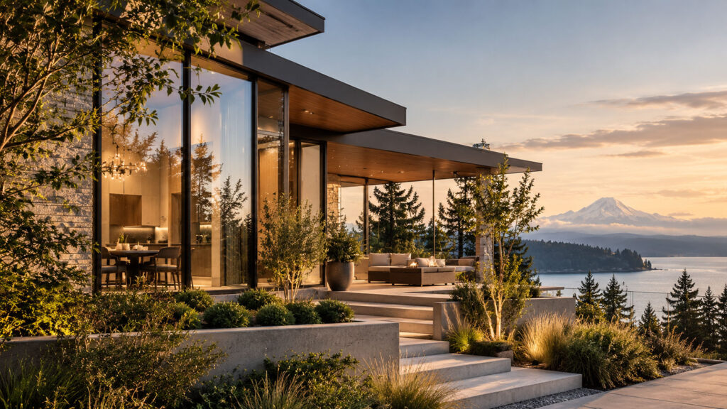 Contemporary Pacific Northwest home overlooking the water and mountains