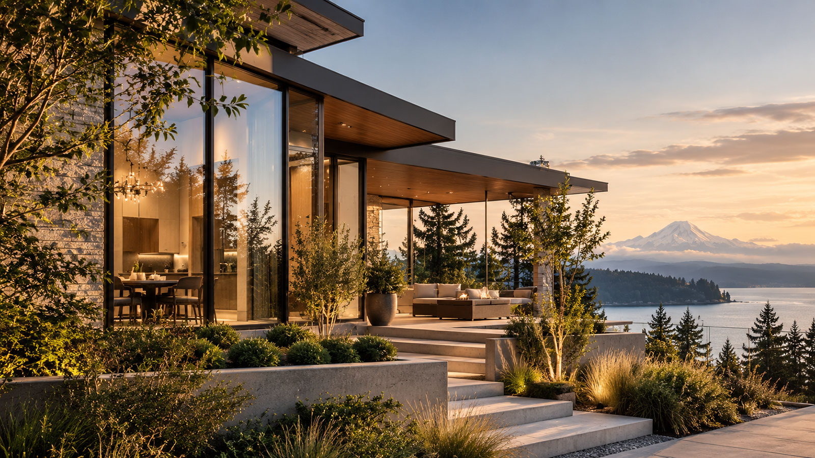 Contemporary Pacific Northwest home overlooking the water and mountains