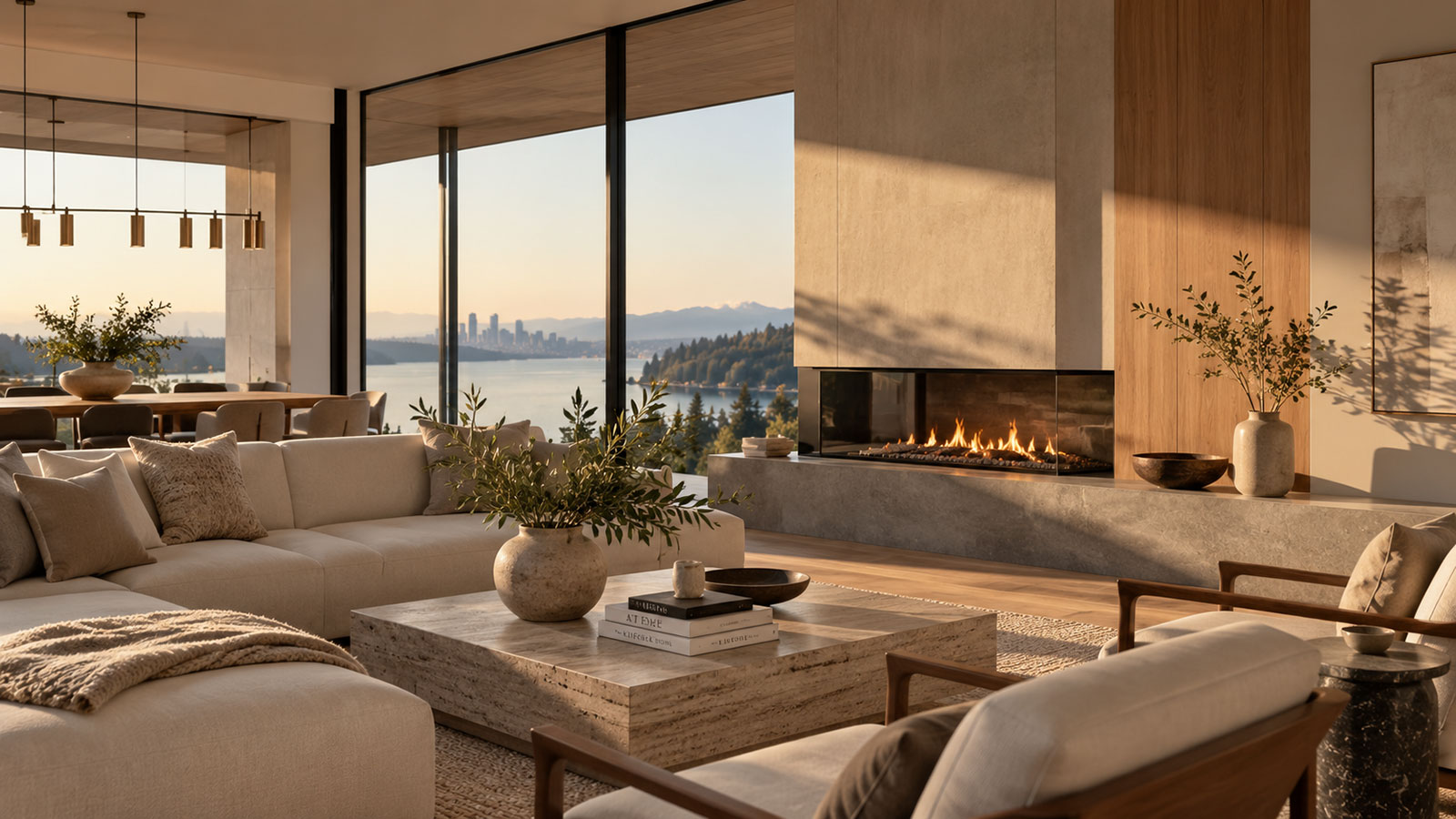 Contemporary Pacific Northwest residence with warm natural materials and waterfront views