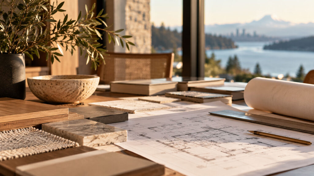 Residential architectural plans and material samples for a Pacific Northwest home