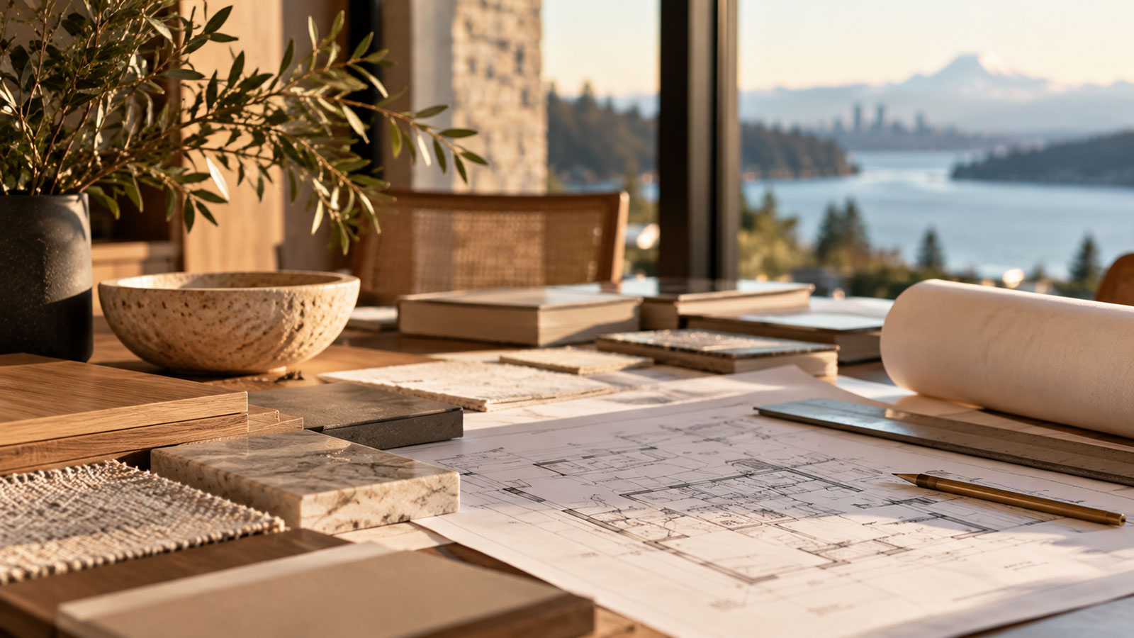 Residential architectural plans and material samples for a Pacific Northwest home